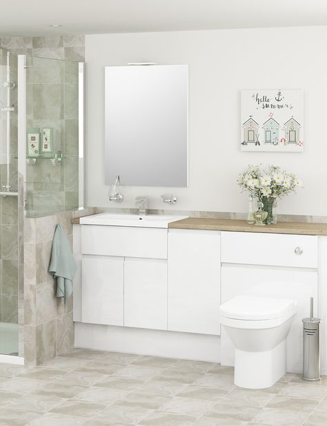 Choose from three styles of elegant White Gloss furniture. The bright gloss finish will reflect light into the space for a refreshing look. White Gloss bathroom furniture is the most popular style in the UK. It provides a blank canvas to decorate the room however you like. White Fitted Bathroom Furniture, Atlanta Bathroom Furniture, White Gloss Bathroom, White Bathroom Furniture, Fitted Bathroom Furniture, Small Bathroom Interior, Bathroom Inspiration Modern, Downstairs Toilet, Fitted Bathroom