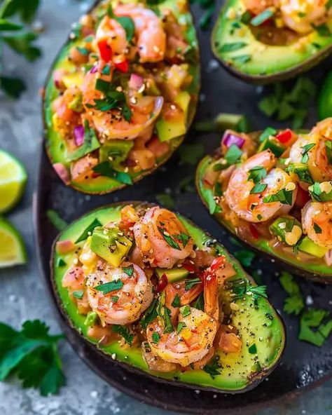 Shrimp Stuffed Avocados Shrimp Stuffed Avocado, Avocado Stuff, Lobster Cream Sauce, Avocado Boats, Stuffed Avocados, Shrimp Stuffed, Stuffed Avocado, Grilled Avocado, Easy Finger Foods