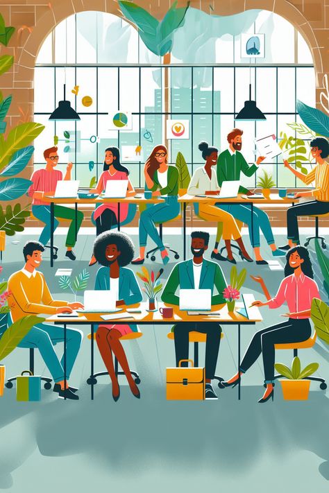 An illustration depicts people working in an office setting, sitting at desks, laughing, and engaging in conversation. The vibrant colors add energy and vibrancy to the scene.  #iilustration #wprime #wprimewebagency Peaceful Work Environment, Working Together Illustration, Happy Workplace, Together Illustration, Office Gossip, Working In An Office, People Working Together, Office Setting, People Laughing