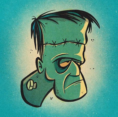 Cute Frankenstein Tattoo, Frankenstein Doodle, Halloween Cartoon Art, Cartoon Frankenstein, Frankenstein Cartoon, Frankenstein Drawing, Frankenstein Illustration, Universal Monsters Art, Halloween Selfie