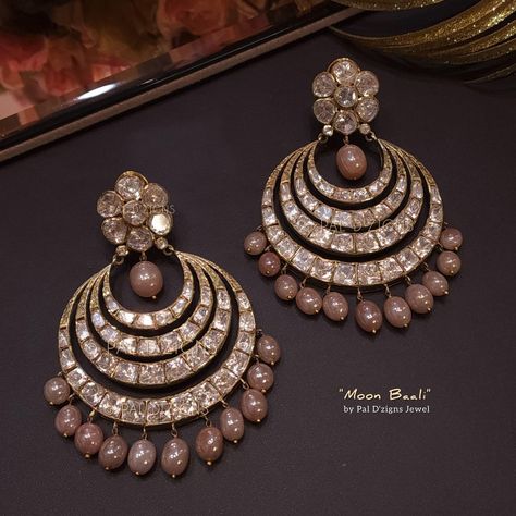 Moon baali in moissanite polki Jewelry Room, Chand Bali, Jewelry Necklace Simple, Jewelry Closet, Indian Bridal Jewellery, Antique Necklaces Design, Diamond Pendants Designs, Polki Earrings, Jewelry Set Design