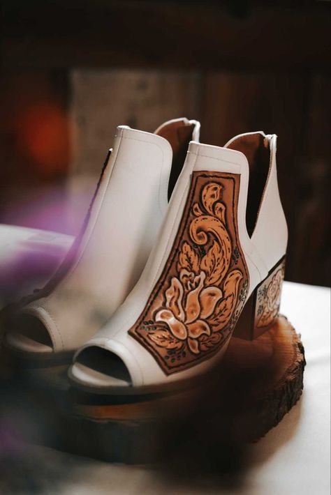 Tooled Leather Wedges, Bridal Western Boots, Tooled Wedding Shoes, Tooled Leather Boots, Rustic Wedding Shoes Brides, Western Leather Heels, Western Prom Shoes, Tooled Leather Heels Wedding, Tooled Leather Wedding Shoes