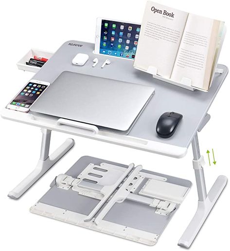 Amazon.com : Laptop Desk for Bed, NEARPOW XXL Bed Table Bed Desk for Laptop and Writing, Adjustable Computer Tray Laptop Stand for Bed or Sofa with Anti-slip Leather, Removable Stopper, Book Stand and Drawer- Grey : Office Products Laptop Stand For Bed, Desk For Bed, Abs Roller, Gym Roller, Laptop Stand Bed, Adjustable Laptop Table, Portable Laptop Table, Bed Tray Table, Laptop Table For Bed