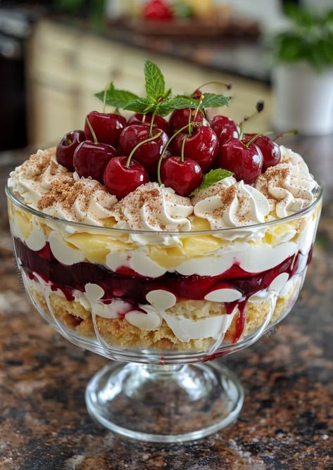 Indulge in a vibrant Cherry Lemon Trifle! 🍒🍋 Layers of zesty lemon cream and juicy cherries create a refreshing dessert. Perfect for summer picnics. #Dessert #Trifle #CherryLemon #SummerTreat #SweetTooth Lemon Cherry Desserts, Easy Berry Trifle Recipe, Best Trifle Recipes, Lemon Curd Trifle, Cherry Trifle Recipes, Cherry Trifle Desserts, Patriotic Trifle, Dessert Trifle, Summer Trifle