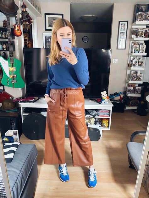 What I Wore This Week - livelovesara Sky Blue Sneakers Outfit, Royal Blue Sneakers Outfit, Blue Shoes Outfit Sneakers, Blue Sneakers Women Outfit, Duke Outfits, Wide Leg Leather Pants Outfit, Winter Work Capsule Wardrobe, Winter Work Capsule, Blue Pullover Outfit