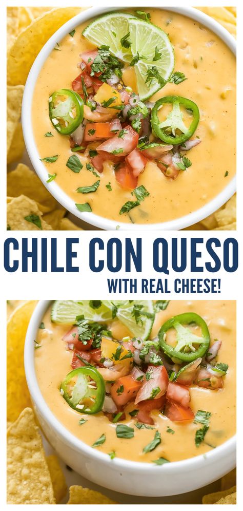 Made with real cheese this Chile con Queso is incredibly creamy and packed with poblanos, green chilis and onions. It's a smokey and spicy one-pot dip. Topped with fresh pico de gallo and herby cilantro, for the perfect appetizer! #quesodip #quesorecipe #chileconqueso #appetizer #diprecipes #cheesedip Queso With Real Cheese, Hatch Green Chili Queso, Chili Cheese Queso Dip, Chile Con Queso Recipe, Cafe Rio Queso Dip, Chilli Con Queso Dip, Chili Con Queso Dip Crock Pot, Fresh Green Chili Recipes, Authentic Queso Recipe