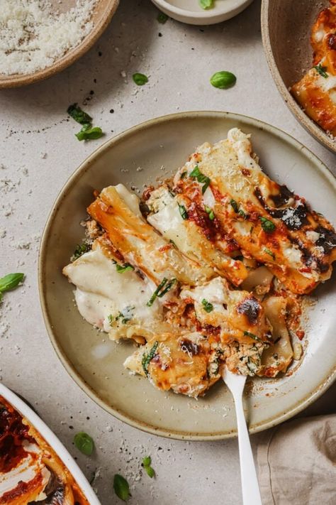 Stuffed Cannelloni with Spinach and Creamy Béchamel - Well Seasoned Studio Stuffed Cannelloni, Spinach And Ricotta Cannelloni, Ricotta Cannelloni, Cannelloni Recipes, Spinach And Ricotta, Spinach Ricotta, Homemade Marinara, Fresh Oregano, Frozen Spinach