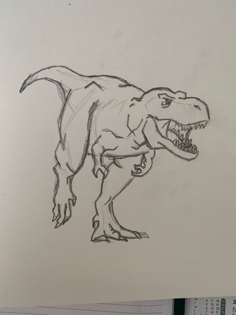 Dinosaur Sketch Easy, Dinosaur Cute Drawing, T Rex Drawing Easy, T Rex Sketch, Dinosaurs Sketch, How To Draw A Dinosaur, Dinosaur Drawing Sketch, Dinosaur Graffiti, Simple Dinosaur Drawing