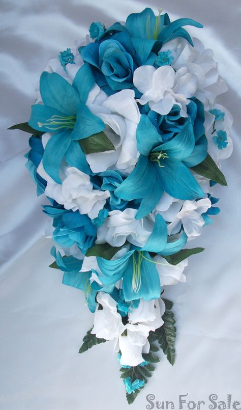 OMG these are beautiful: Cascading silk flower bridal wedding bouquet in purple… Lily Bridal Bouquet, Red Bridal Bouquet, Blue Wedding Bouquet, Blue Wedding Flowers, Turquoise Wedding, Teal Wedding, Bride Bouquets, Bridal Flowers, Wedding Package