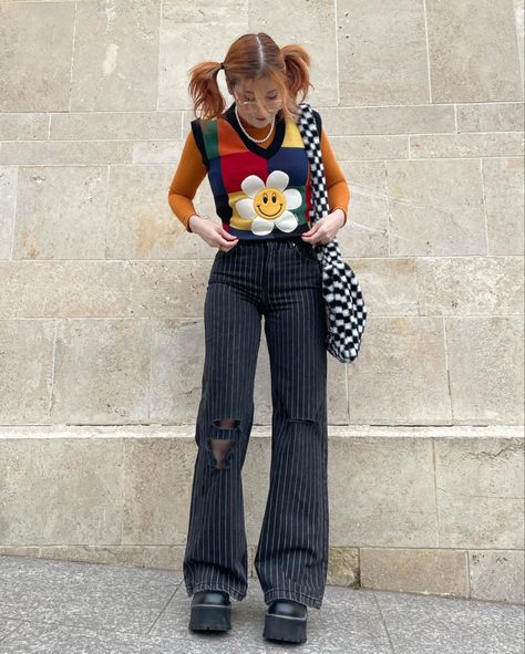 pinstripe jeans colorful checkered outfit spring look Pinstripe Jeans Outfit, Pinstripe Jeans, Checkered Outfit, Colorful Outfit, Spring Look, March 21, Jeans Outfit, Spring Looks, Fancy Outfits