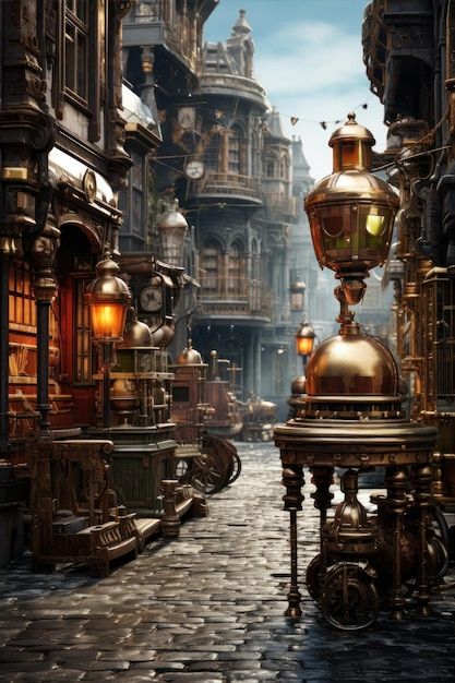 Véhicule De Rue De Style Steampunk | Premium Photo #Freepik #photo #fantastique #lampadaire-ville #ville-cartoon #rue Ville Steampunk, Steampunk Machines, Steampunk Elements, Style Steampunk, Beatrix Potter, Steam Punk, Dieselpunk, Street Scenes, Fantasy Landscape