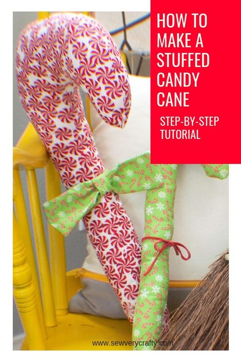 Make these super simple DIY stuffed candy cane pillows.  This step-by-step tutorial will show you how.  For me this project is all about the candy cane fabric.  It is a fun addition to this project.  This candy cane project only takes basic sewing skills and a little bit of fabric to complete. Not only is this a festive Christmas project to make it is quick and easy too.  So give this one a try. #sewingtutorial #sewingproject #sewingpattern Candy Cane Pillow Diy, Fabric Candy Cane, Candy Cane Pillow, Diy Gumball Machine, Fabric Candy, Basic Sewing, Sewing 101, Christmas Makes, Fabric Baskets