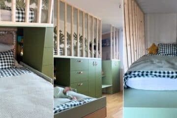 Super cute kids loft bed made from IKEA cabinets 4 Kids Ikea Loft Bed, Smastad Loft Bed Hack, Ikea Stora Loft Bed Hacks, Ikea Stora Loft Bed, Converting Ikea Loft Bed To Floor Bed, Ikea Bunk Bed Playhouse, Dress Up Clothes Storage, Ikea Loft Bed, Storage Hacks Bedroom