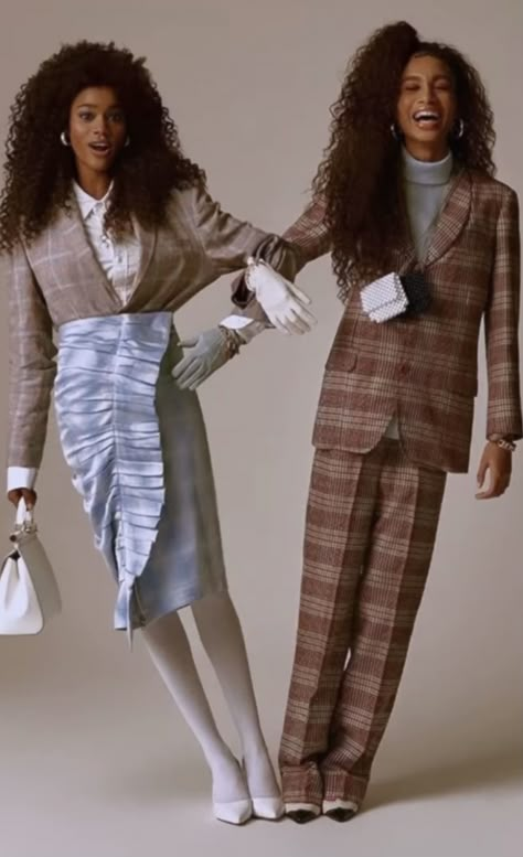 Multiple Model Poses, 2 Models Poses, High Fashion Duo Photoshoot, Editorial Poses Two People, Sisters Editorial, Plaid Photoshoot, Two Models Photoshoot, Bhm Art, Funky Suits