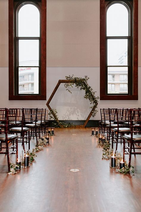 Hexagon Wedding Arch With Greenery, Hexagon Flower Arch Wedding, Hexagon Arch Florals, Octagonal Wedding Arch, Simple Greenery Wedding Arch, Wedding Ceremony Indoor Decorations, Hexagon Alter Wedding, Simple Wedding Alter Ideas Indoor, Hexagon Altar Wedding