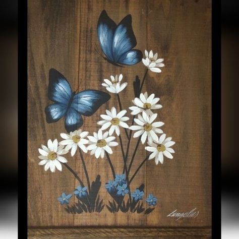 Langolier Designs Wall Decor | Hand Painted Wall Art, Daises And Butterflies On Kiln Dried Wood. | Color: Blue/Brown | Size: Os Wood Panel Painting Art, Rustic Wood Painting, Painting Butterflies, Barn Wood Art, Decorative Painting Projects, Decorative Painting Patterns, Acrylic Painting On Wood, Ruffle Curtains, Primitive Painting