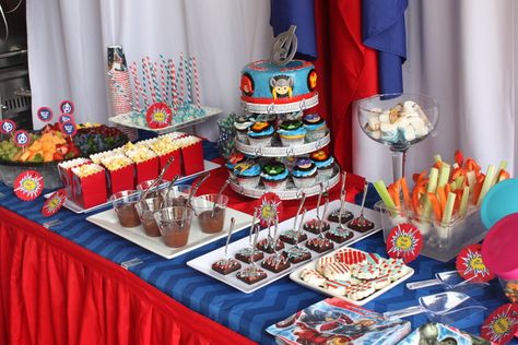 avengers Birthday Party Food Ideas | The Avengers / Birthday / Dessert Table: Future Superman, Avengers Birthday Party Ideas, Avengers Birthday Party Food, Superman Baby Shower, Avengers Party Decorations, Avenger Party, Avengers Birthday Party, Superman Birthday Party, Superman Party