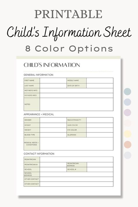 Student Info Sheet, Parenting Printables, Student Info, Baby Information, Family Information, Summer Camps For Kids, Birth Mother, Child Custody, Digital Tablet