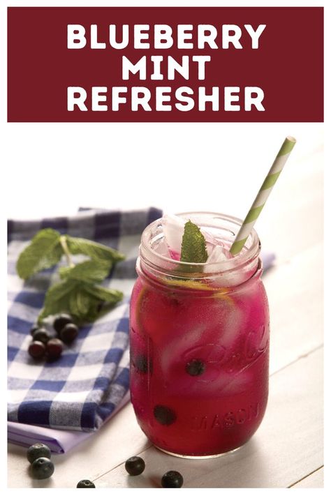 Cool down on a hot day with an ice-cold glass of Blueberry Mint Refresher. Mint Refresher, Mint Drink, Blueberry Mint, Blueberry Syrup, Summertime Drinks, Drink Mixes, Delicious Drink Recipes, Berries Recipes, Local Honey