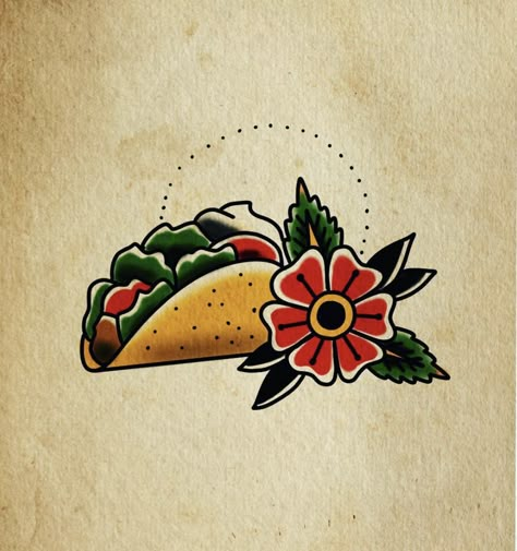 American Traditional 13 Tattoo, Taco Flash Tattoo, Funny American Traditional Tattoo, American Traditional Hot Dog Tattoo, American Traditional Desert Tattoo, American Traditional Tattoos Food, Funky American Traditional Tattoo, American Traditional Taco Tattoo, Traditional Taco Tattoo