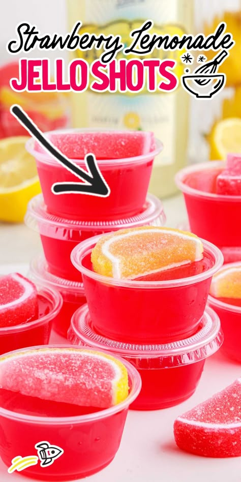 Strawberry Lemonade Jello Shots Recipe, Strawberry Peach Jello Shots, Strawberry Shortcake Pudding Shots, Red Jello Shots, Strawberry Lemonade Jello Shots, Recipes With Strawberry, Lemon Drop Jello Shots, Party Shooters, Hello Shots