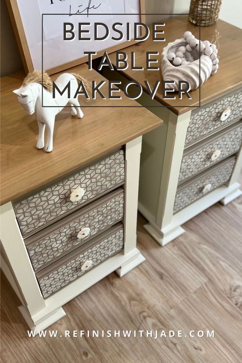 🎉 Get Artsy: Stencil Makeover for Your Bedside Table! Unlock your inner artist! Transform your bedside table with stencils—it's super easy and the outcome is fantastic! Check our blog for the step-by-step guide! ✨ #HowToPaint #FurnitureMakeovers #BeforeAndAfter #DIYInspiration #DIYFurniture #StencilArt #StunningTransformations #UpcycledFurniture #DIYHome #DesignInspiration #RefinishWithJade Bedside Table Makeover, Furniture Flipping Business, Flipping Business, Bedside Drawers, Table S, Furniture Flipping, Fusion Mineral Paint, Concrete Diy, Ikea Hacks