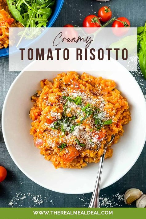 Easy tomato risotto recipe with fresh basil and mascarpone cheese for an extra creaminess. Perfect for lunch or dinner. Recipes Using Tomato Puree, Truffle Risotto Recipe, Recipe With Mascarpone, Recipes With Mascarpone Cheese, Tomato Risotto Recipes, Recipe Using Tomatoes, Fresh Basil Recipes, Mascarpone Recipes, Food Magic