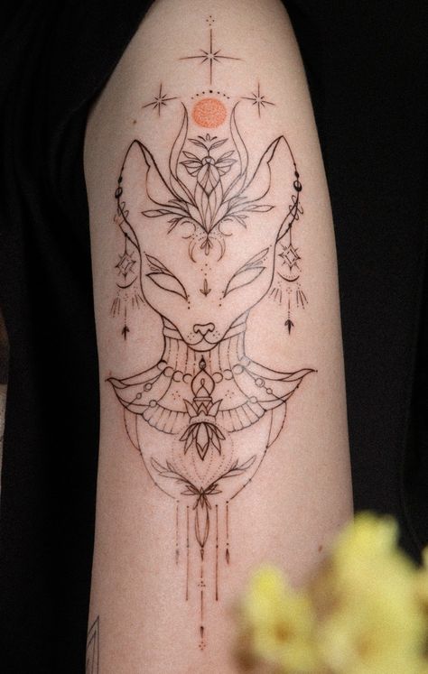 Bastet Cat Tattoo, Egyptian Spine Tattoos For Women, Egyptian Cat Tattoo Designs, Bastet Tattoo Egyptian Goddess, Cat Goddess Tattoo, Anubis And Bastet Tattoo, Goddess Bastet Tattoo, Bastet Goddess Tattoo, Sekhmet Tattoo