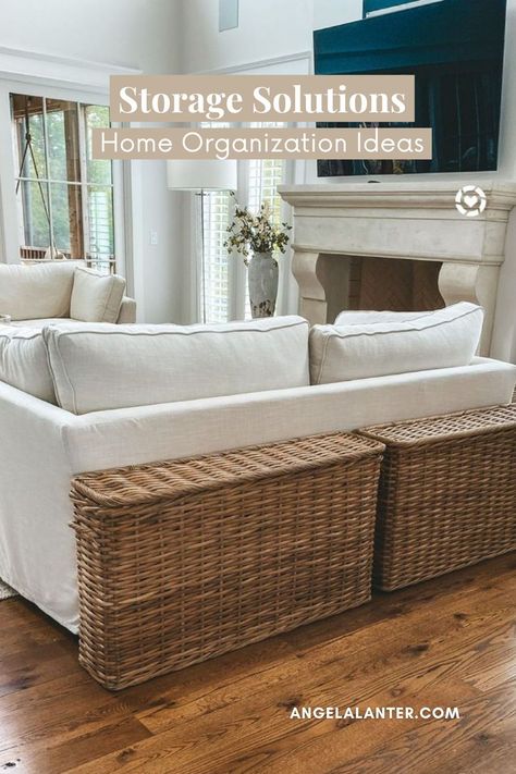 Looking for simple home organization ideas? Whether you have a spacious house or a small apartment, then chances are you need some household storage solutions. So dive into this blog post to discover my favorite oversized lidded baskets. Perfect to place in the living room, bedroom, kitchen, or bathroom. They’re so functional and aesthetic, definitely small space allies. Angela Lanter. Storage Solutions: Home Organization Ideas Bedroom Storage For Blankets, Tall Blanket Storage, Toy Storage Next To Fireplace, Living Room Organization Storage, Toy Box Ideas For Living Room, Living Room Designs Storage, Under Table Storage Ideas, Toy Storage For Living Room Small Spaces, Small Living Room Toy Storage