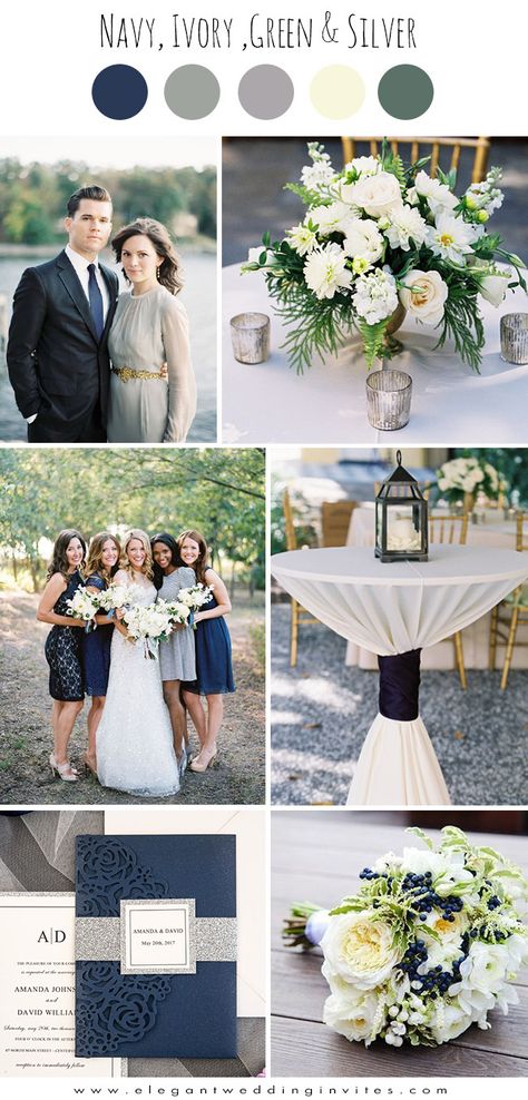 elegant navy, ivory white and silver grey wedding colors Fall Wedding Colors With Silver, Navy Blue And Grey Wedding Theme, Navy Blue And Grey Wedding, Grey And Navy Wedding, Navy Grey Wedding, Navy And Grey Wedding, Navy Gray Wedding, Navy And Silver Wedding, Navy And White Wedding