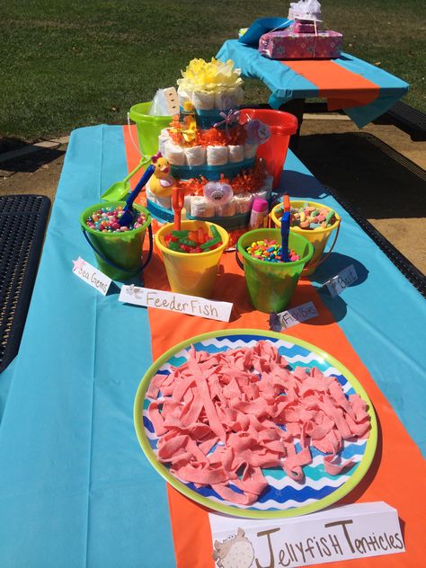 Candy table from MacKenzie's Finding Nemo baby shower. Finding Nemo Candy Table, Baby Shark Candy Table, Finding Nemo Dessert Table, Nemo Baby Shower Ideas, Finding Nemo Theme, Nemo Baby Shower, Jordan Birthday, Finding Nemo Baby, Nemo Baby