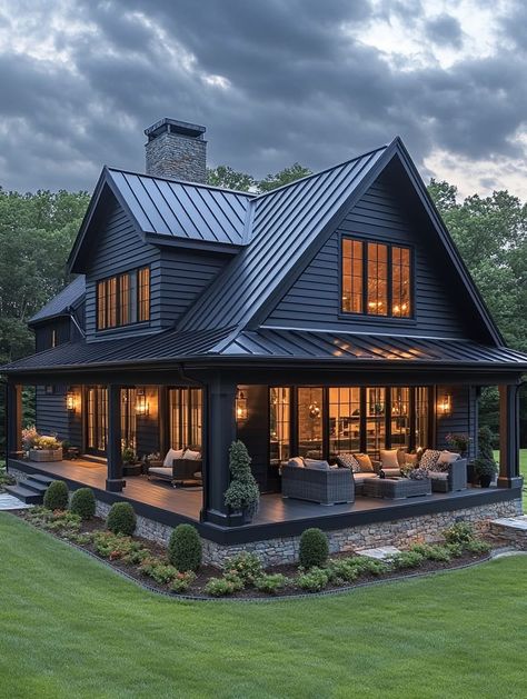 Houses With Black Siding, Black One Story House, All Black Exterior House, Black And Stone House Exterior, Black Painted Brick Exterior, House Dark Exterior, Black Siding Exterior, Black Ranch House, Black Roof House Exterior