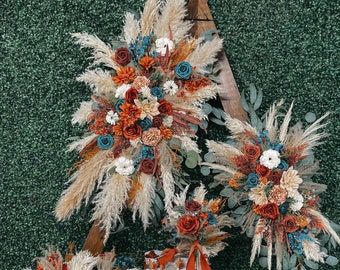 Burnt Orange and Teal Eucalyptus and Pampas Wedding Arch Arrangement Flowers, Boho Fall Flowers Backdrop Decor, Customizable Wedding Decor - Etsy Rust Eucalyptus, Pampas Wedding Arch, Eucalyptus And Pampas, Teal And Burnt Orange, Teal Wedding Theme, Sweetheart Table Centerpiece, Pampas Wedding, Arch Arrangement, Arrangement Flowers