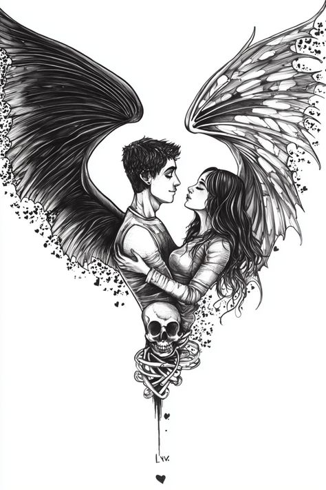 A tattoo sketch featuring a winged couple in a romantic embrace, with a skull intertwined below. Sketches Of Love Couples, Sketches Love, Love And Darkness, Tattoo Session, Printable Tattoos, Lightning Tattoo, Romantic Tattoo, Sketches Ideas, Couple Tattoos Unique