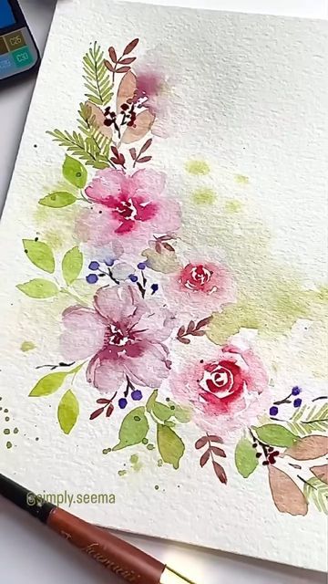 Watercolor Flower Composition, Floral Composition Drawing, Flower Border Painting, Travel Watercolor Kit, Watercolor Floral Border, Watercolor Flower Wreath, Watercolor Pencil Art, Travel Watercolor, Loose Watercolor Paintings