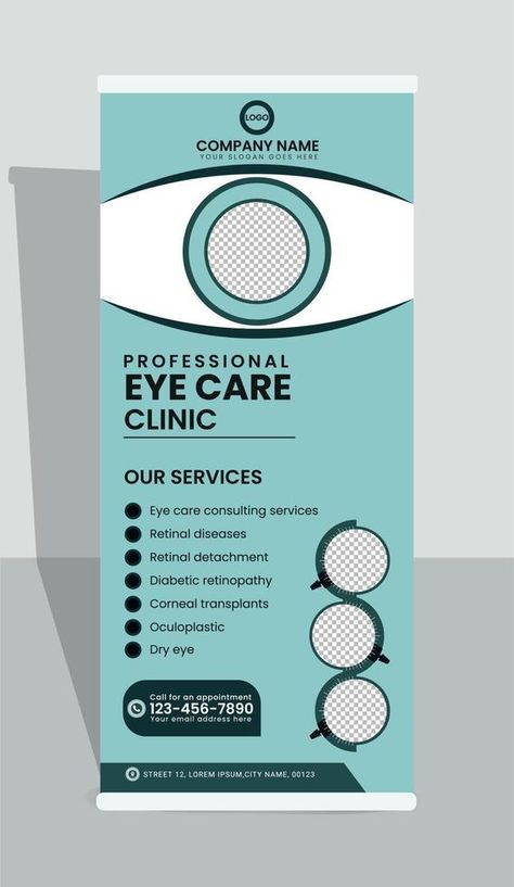 Eye care clinic roll up x stand banner Shop Banner Design, Eye Clinic, Vision Board Examples, Eye Hospital, Graphic Design Course, Leaflet Design, Event Banner, Celebrity Drawings, Design Course