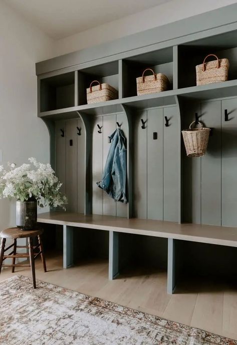 Mudroom Bench Dimensions: What You Need to Know Green Boot Room Ideas, Built In Mudroom Bench Entryway, Mudroom Open Shelving, Mud Room Build In, Built In Mudroom Lockers With Bench, Utility Room Built Ins, Mudroom Basement Entrance, Mud Room Shoe Shelf, Green Mud Room Ideas