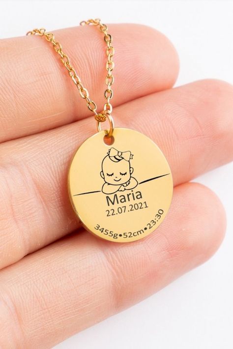 The Engraved Baby Birth Necklace is more than just a piece of jewelry; it is a heartfelt memento that allows you to eternalize the special moment of your baby's birth. This personalized necklace can be customized with the name, birth date, and birth details of your newborn or firstborn child. Made with high-quality stainless steel, this necklace is designed to last and keep your precious memories close to your heart. Baby Necklace, Detailed Necklace, Birth Details, Kids Necklace, Pure Joy, Baby Birth, Necklace Size, Engraved Necklace, Stain Colors