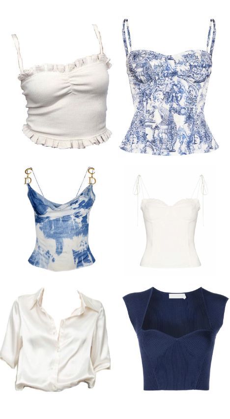 Blue And White Greece Outfit, Blue Tops Aesthetic, Cute Summer Tops Aesthetic, Basic Tops Aesthetic, Cute Coastal Outfits, White And Blue Aesthetic Outfit, Blue And White Clothes Aesthetic, Coastal Granddaughter Tops, Blue And White Summer Outfits