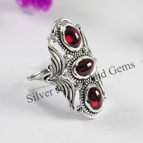 Large Stone Rings, January Birthstone Rings, Ring Three Stone, Red Stone Ring, Jewelry Words, Three Stone Ring, January Birthstone, Garnet Stone, Silver Rings Handmade