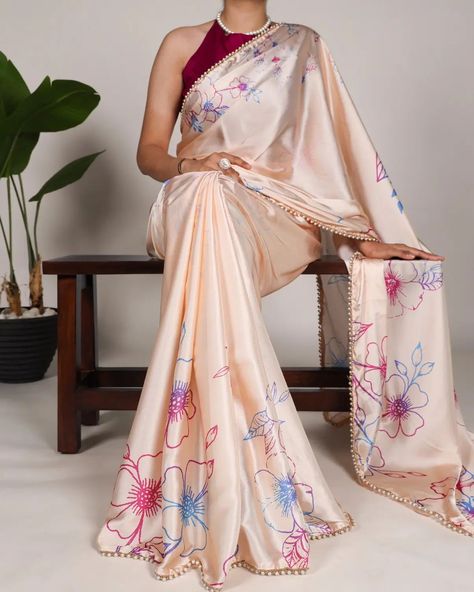 Only Rs.1249/- Offer Price Summer Satin Saree Collection Pearl-Edged Floral Satin Saree *Saree* Saree Fabric : Satin Silk Saree Work : Floral Print With Pearl Lace Border Saree Length : 5.5 meter *Blouse(Unstitched)* Blouse Fabric : Banglory Blouse Work : Plain Blouse Length : 1 meter Code:KK13688568004 #sareecollection #satinsaree #floralsaree #printedcollection #indiansarees #satinsareescollection #silksaree #printedsaree #fashion #mumbaisaree Floral Satin Saree, Pearl Lace Border, Lace Border Saree, Pose Mode, Satin Silk Saree, Floral Print Sarees, Pearl Lace, Modern Saree, Fancy Sarees Party Wear