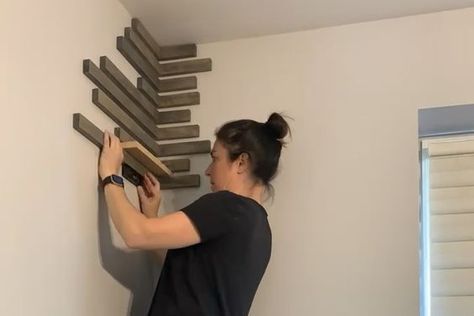 Corner Slat Wall Feature - The Shady Gal Corner Wall Slats, Corner Slat Wall With Shelves, Wood Slats Corner Wall, Small Feature Wall Ideas, Wood Slat Accent Wall Corner, Slat Wall Corner, Corner Accent Wall, Corner Slat Wall, Wall Art Corner