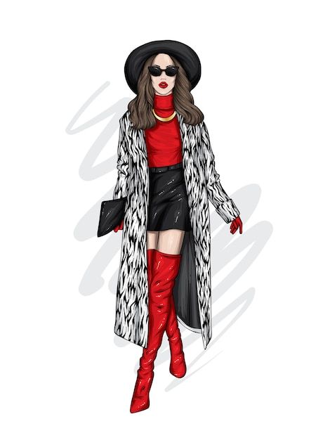 Beautiful girl in a stylish coat and hat... | Premium Vector #Freepik #vector #fashion-accessories #girl-hat #woman-hat #fashion-style Dress Illustration Design, Funny Optical Illusions, Croquis Fashion, Fashion Illustration Poses, Greece Fashion, Fashion Design Drawing, Fashion Illustration Collage, Scarf And Hat, Fashion Illustrations Techniques