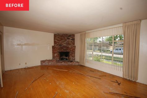 Empty living room with brick fireplace before home staging 1950s Living Room, Dark Living Room, Living Room Coastal, Coventry Gray, Open Living Room Design, Simple Coat, Apartment Painting, Blue Drapes, Room Makeovers