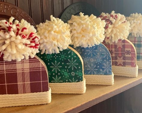 Mini Winter Hats Garland, Wood Winter Hat Craft, Wood Christmas Hats, Wooden Hats And Mittens, Winter Wood Crafts Michaels Stores, Jenga Snowman Hats, Tin Can Frosty Hat, Easy Diy Wood Crafts To Sell, Mini Winter Hat Garland