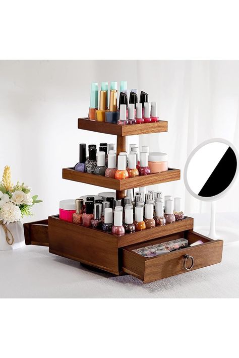 GAINWELL Nail Polish Organizer, Rotating Nail Polish Holder - Acacia Material, Nail Polish Rack with 3 Tier Display Rack and Dual Drawers, Holds up to 150 Nail Polish Bottles, Also for Manicure Tools Display Nail Polish, Cute Nail Polish Storage, Wooden Nail Polish Rack, Nail Polish Wall Rack Tilted, Spice Rack Nail Polish Holder, Nail Polish Holder, Nail Polish Rack, Nail Polish Organizer, Polish Display