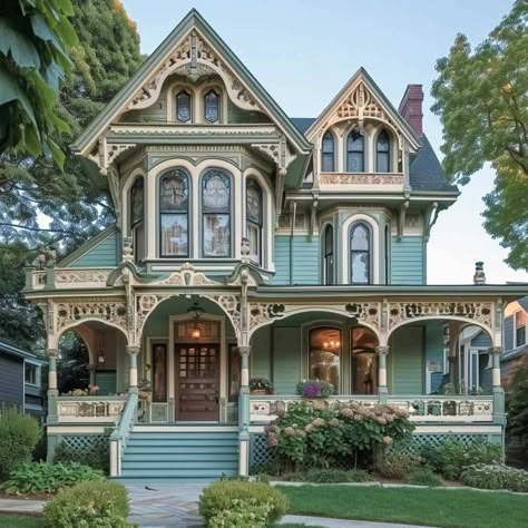 Queen Anne Victorian House Exterior, For The Love Of Old Houses, Colorful Houses Exterior, Aesthetic Houses Exterior, Whimsical House Exterior, Unique Architecture House, Pretty House Exterior, Colorful Victorian House, Colorful House Exterior