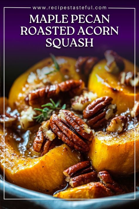 This easy-to-make Maple Pecan Roasted Acorn Squash is the perfect fall dish. Roasted acorn squash halves are filled with rich maple syrup and butter, then topped with toasted pecans for a delightful balance of sweet and savory flavors. It's a comforting side dish that's great for weeknight meals or festive gatherings. Acorn Squash With Maple Syrup, Acorn Squash Maple Syrup, Acorn Squash Thanksgiving Side, Lean And Green Acorn Squash Recipe, Maple Pecan Acorn Squash Recipe, Roasting Acorn Squash, Squash Acorn Recipes, Recipe For Acorn Squash, Maple Pecan Acorn Squash