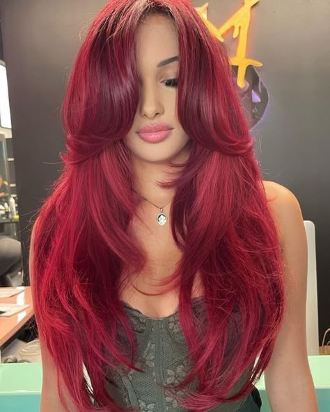 Red Hair Color With Highlights Balayage, Red Extensions Hair, Red Hair With Extensions, Red Hair Blowout, Red Hair Long Layers, Red Hair Inspo Color, Red Layered Hair, Scarlet Red Hair, Magenta Red Hair