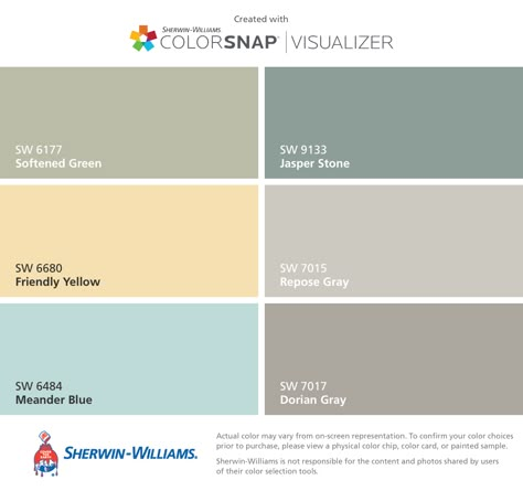 Yellow Grey And Green Living Room, Blue Green Yellow Dining Room, Repose Gray With Green Accent Wall, Yellow Accent Wall Living Room, Green And Yellow Bathroom, Yellow Sunroom, Softened Green, Accent Walls Ideas, Sage Green And Yellow